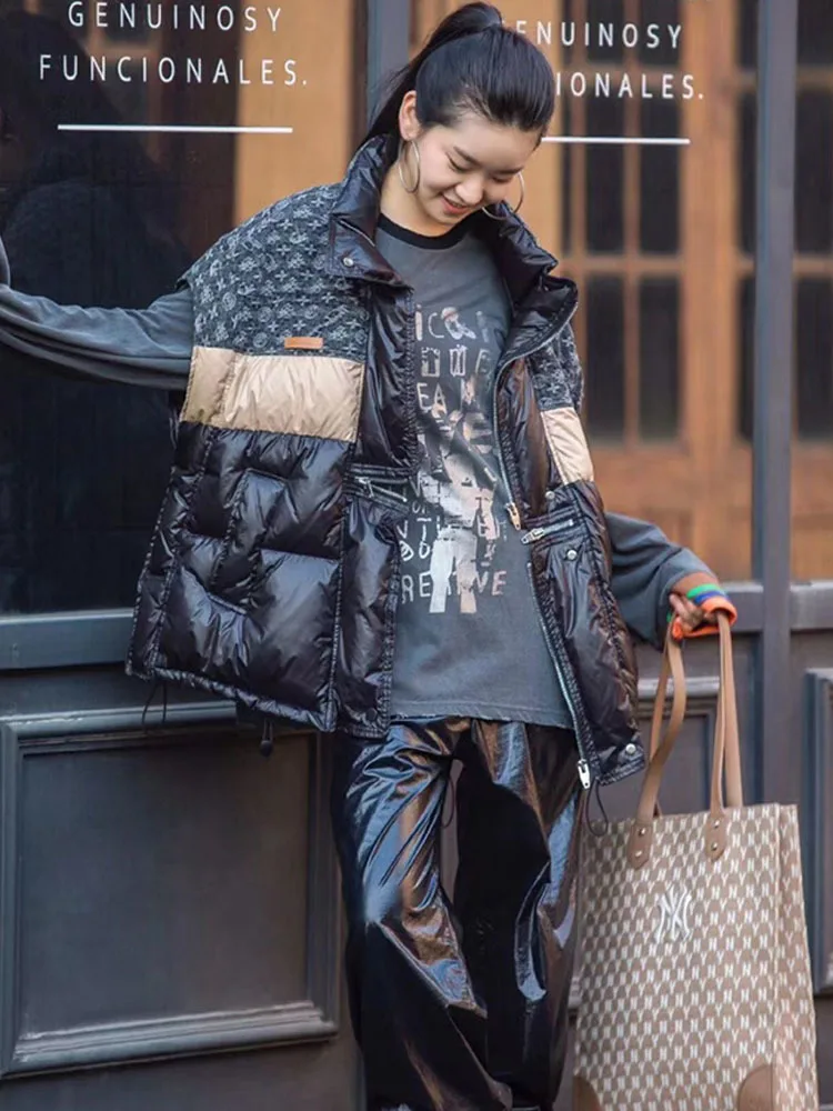 다운 베스트 여성용 신상 트렌드 컬러 배색 재킷 2025 가을 겨울 얇고 따뜻한 여성 재킷