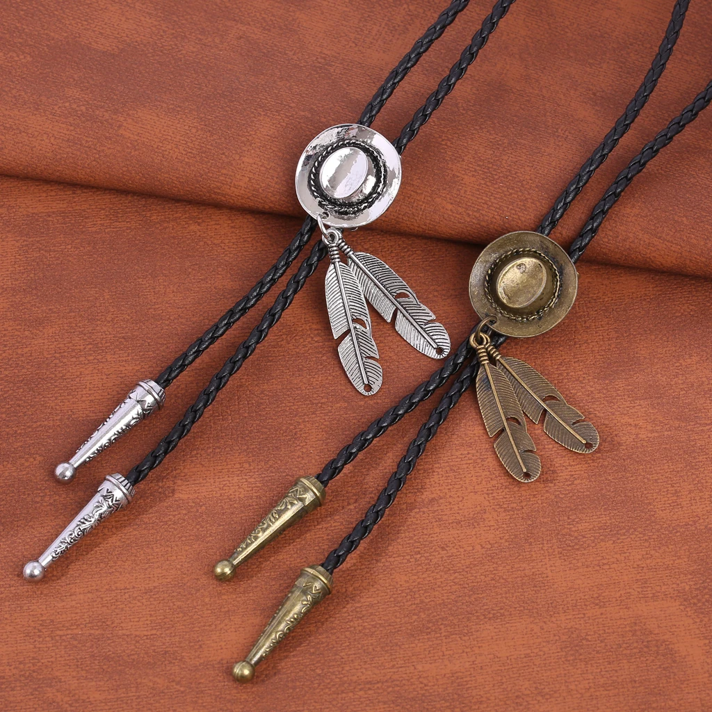 New Retro Shirt Chain Double Gun Cowboy Hat Double Feathers Poirot Collar Leather Necklace Long Tie Pendant