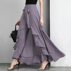 Elegant Vintage Ru ffles Wide Leg Pants Women High Waist Irregular Long Pants Femme Casual Loose Streetwear Belly Dance Trousers