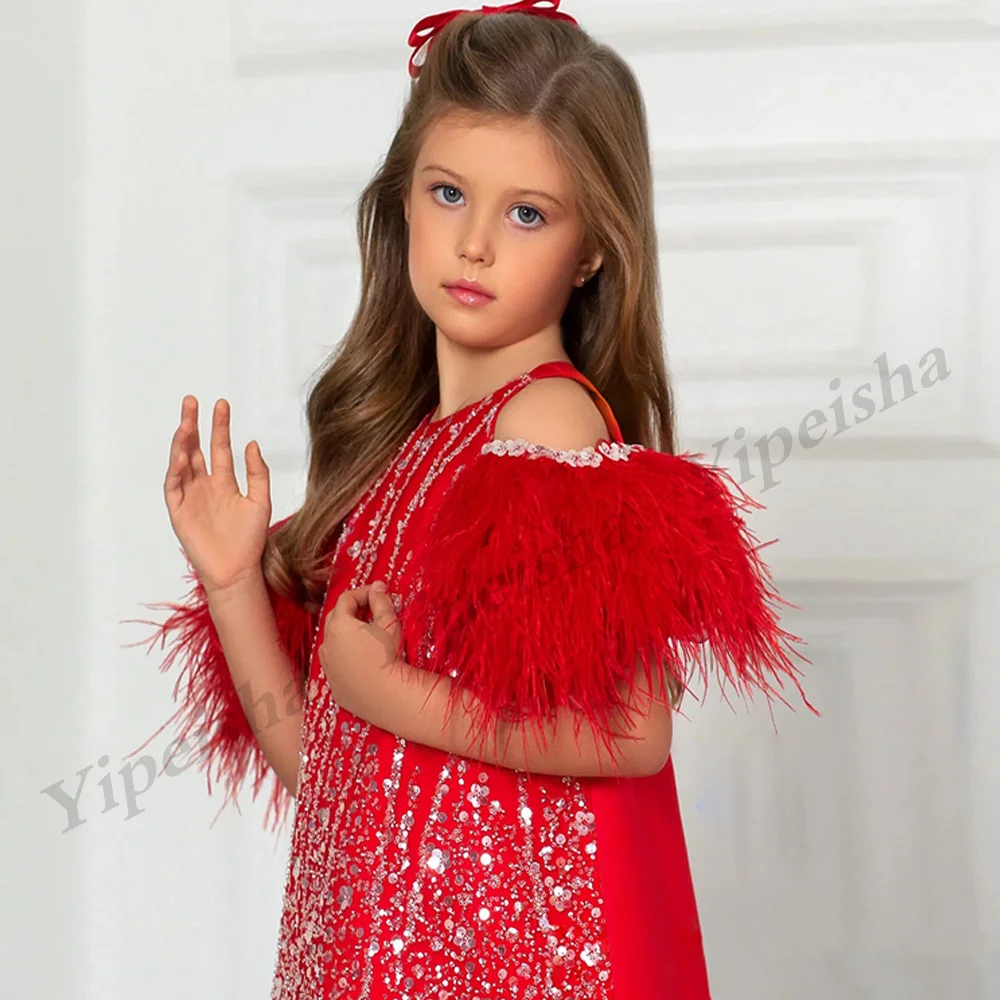 Vestido menina flor com penas, fora do ombro, pescoço redondo, perolização, lantejoulas, vermelho, cetim, vestido de comunhão para meninas, festa de Natal