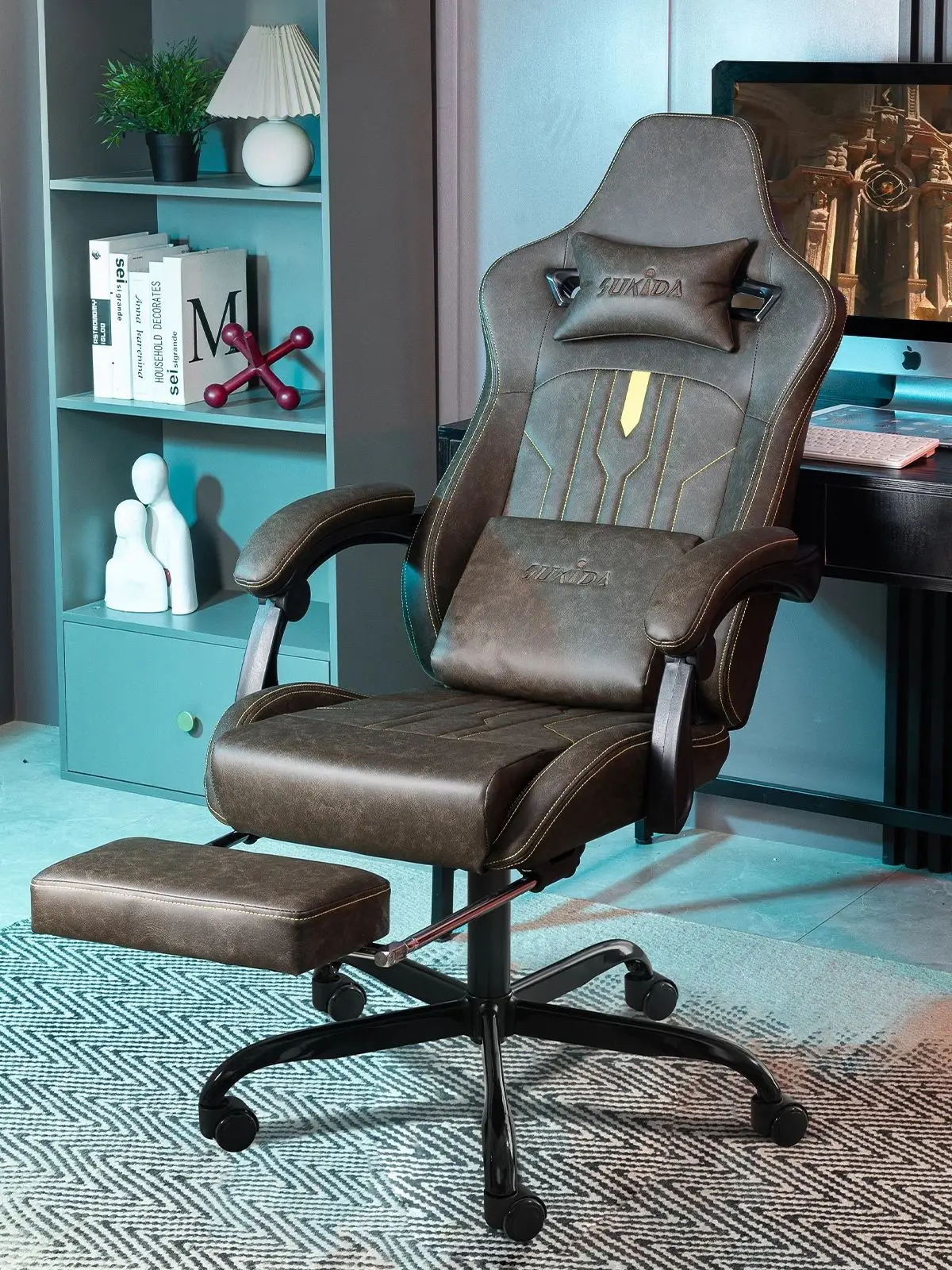 SUKIDA Ergonomischer Gaming-Stuhl mit Fußstütze Computer-Bürostuhl Lendenwirbelstütze für Komfortables Sitzgefühl