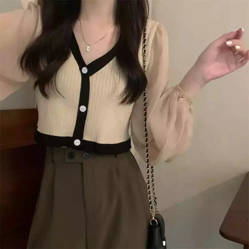 Female Clothing Knitted Patchwork Blouse Fashion Gauze Fake Two Pieces Spring Autumn Casual V-Neck Long Sleeve Slim Short Shirt