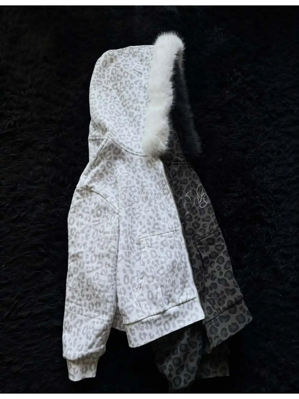2026 new American retro leopard print fur collar hooded sweatshirt with letter print, loose zipper, personalized street style - view 3