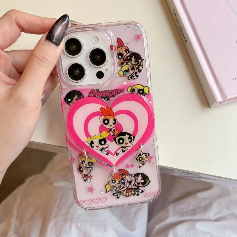 สีชมพูน่ารัก 3Dหัวใจรักการ์ตูนP-Powerpuffสาววงเล็บเคสโทรศัพท์สําหรับiPhone 13 14 15 16Pro Maxน่ารักขาตั้งกันกระแทก