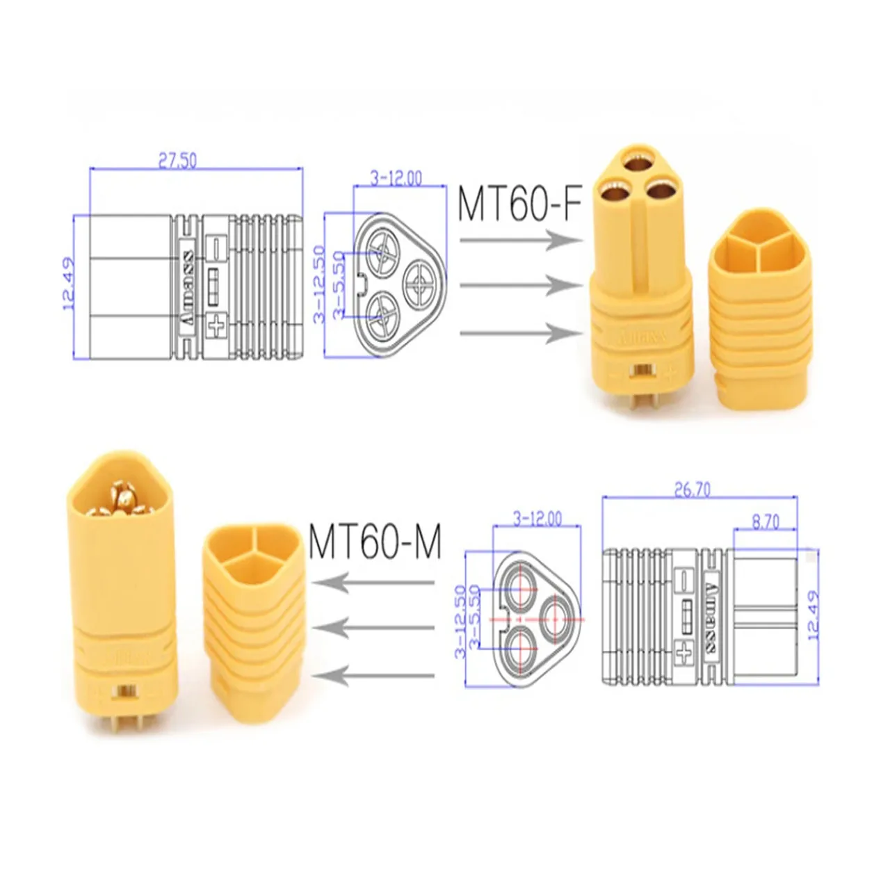 AMASS MT60 Male Female 3.5mm 3 Pole Plug Connector with Sheath Set for RC Airplane Car Model ESC Accessories