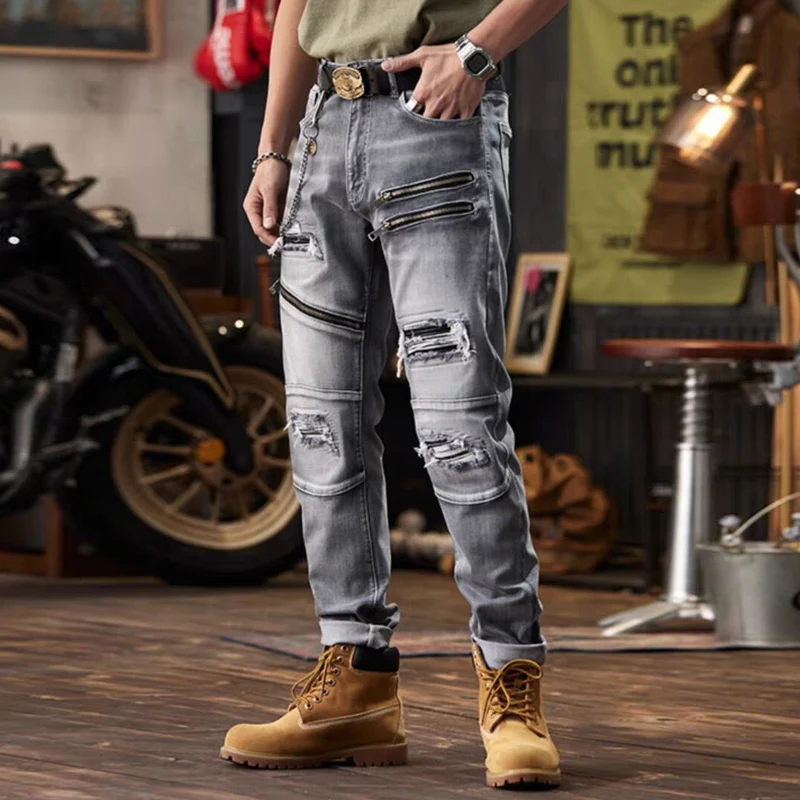 Street Fashion Heren Jeans Retro Zwart Grijs Stretch Slim Fit Gescheurde Jeans Rits Gesplitst Designer Hiphop Denim Biker Broek Hombre