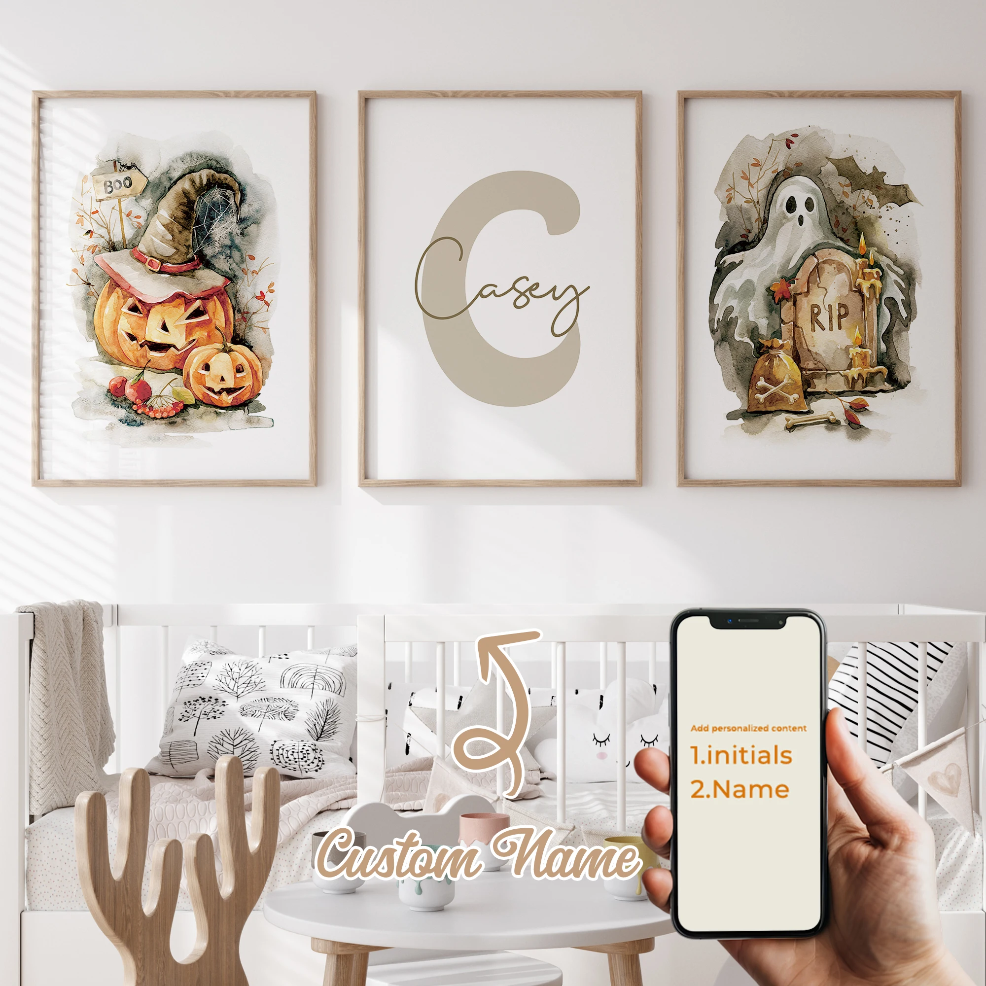 

3Pcs Personalized Custom Name Ghost Wall Art Printmaking Canvas Painting Poster Picture For Halloween Living Room Home Decor