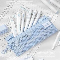 1Pc INS Japanese Simple Small Fresh Nylon Mesh Pencil Case Letter Embroidery Portable Visible Pen Bag Pouch with Hanging Buckle