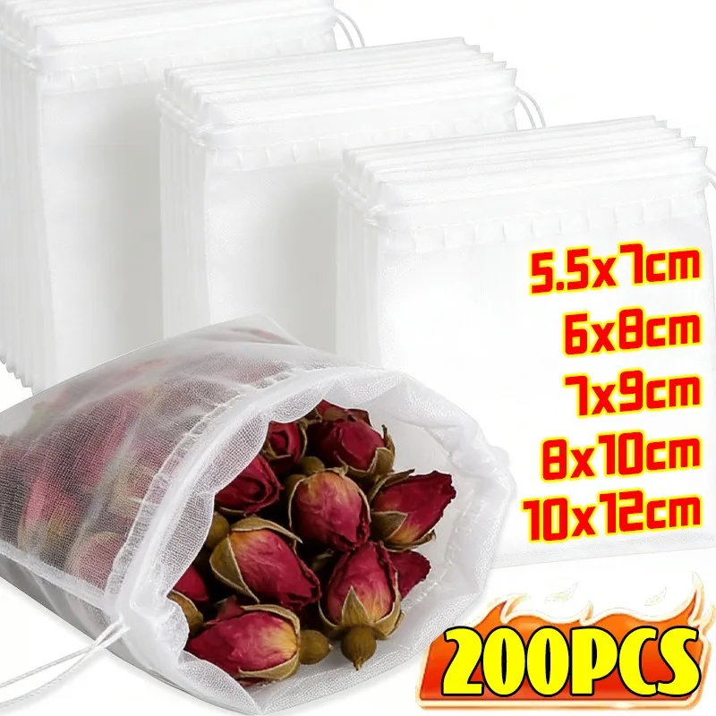 

200/50Pcs Nylon Tea Bags Small Empty Spice Nylon Bags for Cooking Loose Leaf Coffee with Drawstring Home Kitchen Accessories