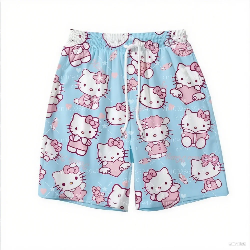 2025 女性の夏の水泳女性 3D ハローキティプリントビーチショーツプラスサイズ女性デイリーショーツカジュアルトランクスショーツ