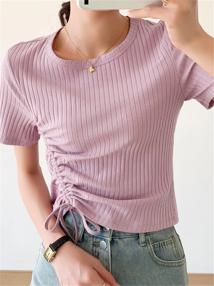 

Summer Knitted Lace Up Women's Short T-Shirts 2022 New Short Sleeve O-Neck Bottoming Shirts Casual Solid Sexy Tops Female