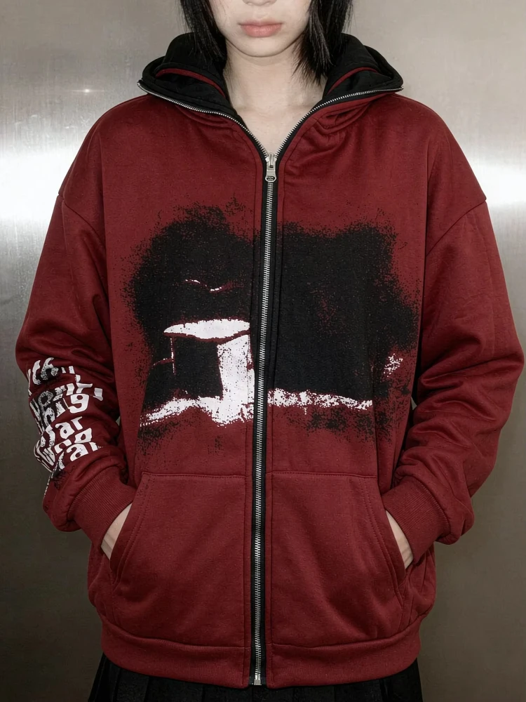 Harajuku Unisex Reversible Hooded Sweatshirt American Vintage Distressed Figure Print Red Lining Street Casual Hoodie Outerwear