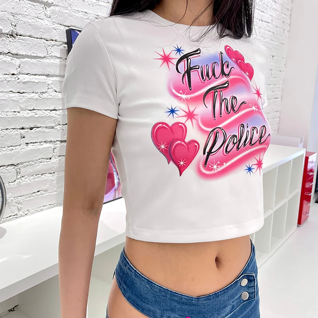 Summer Slim Crop Tops Women scrawl Letter Graphic Cute 2000s Aesthetics Streetwear O-neck Short Sleeve Emo Tops  Baby Tees Y2K