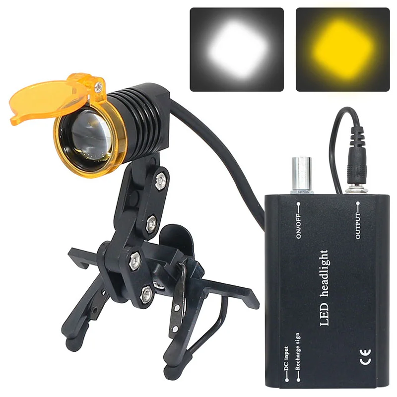 3W LED Dental Headlight Oral ENT Dentist Head Lamp Adjustable Brightness with Black Clip Yellow Filter   Rechargeable Battery