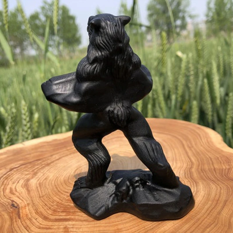 Natural Black Obsidian Werewolf Sculpture Art Hand Carved Collectible Volcanic Glass Crystal Stone Wolfman Figurine Horror Decor