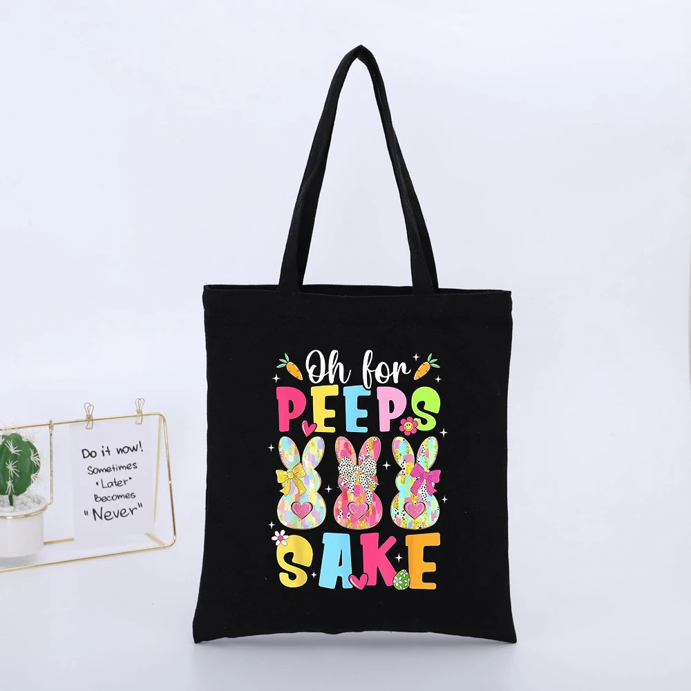 Bunny and Typography Print Canvas Tote Bag, Casual Style for Easter Shopping and Daily Outings