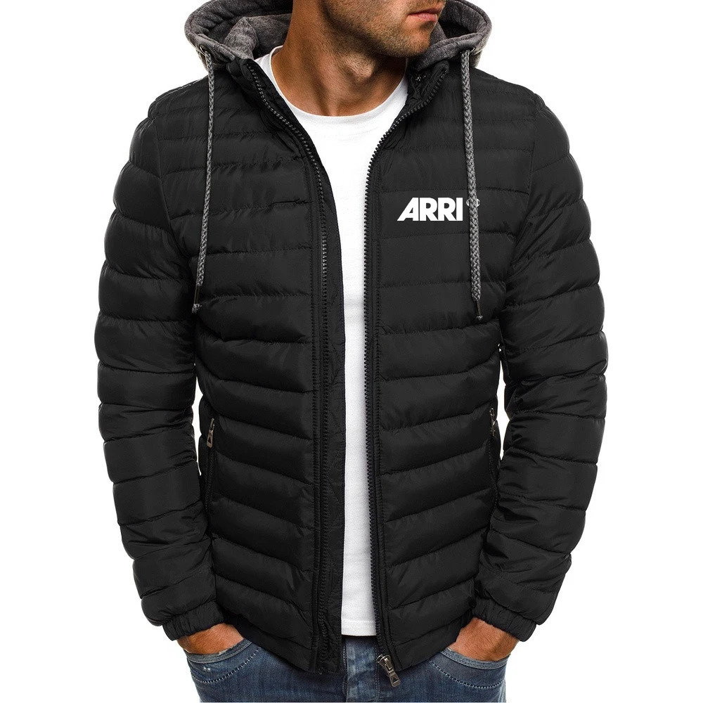 2024 ARRI Camera Men\'s New Winter Solid Color Cotton Jacket Hooded Coat Print Long Sleeves Zip-Up Outer Wear Top Clothing