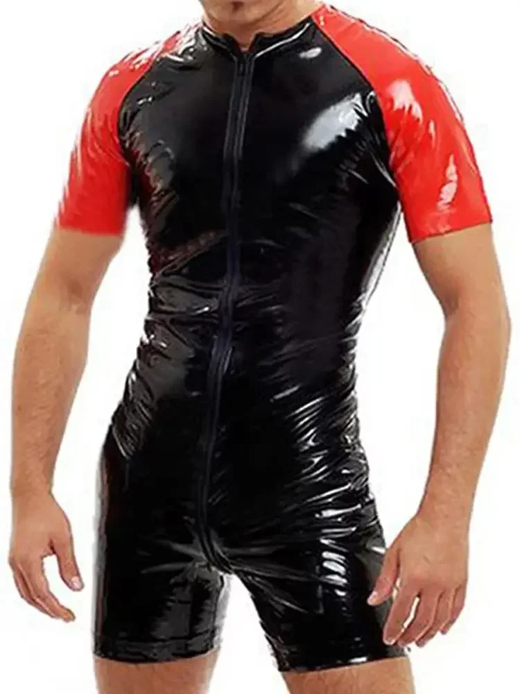 

Short Sleeve Wet Look PVC Catsuit Shiny PU Leather Zipper Open Crotch Bodysuit Tight Hot Shapers Sexy Playsuits Swimsuit Leotard