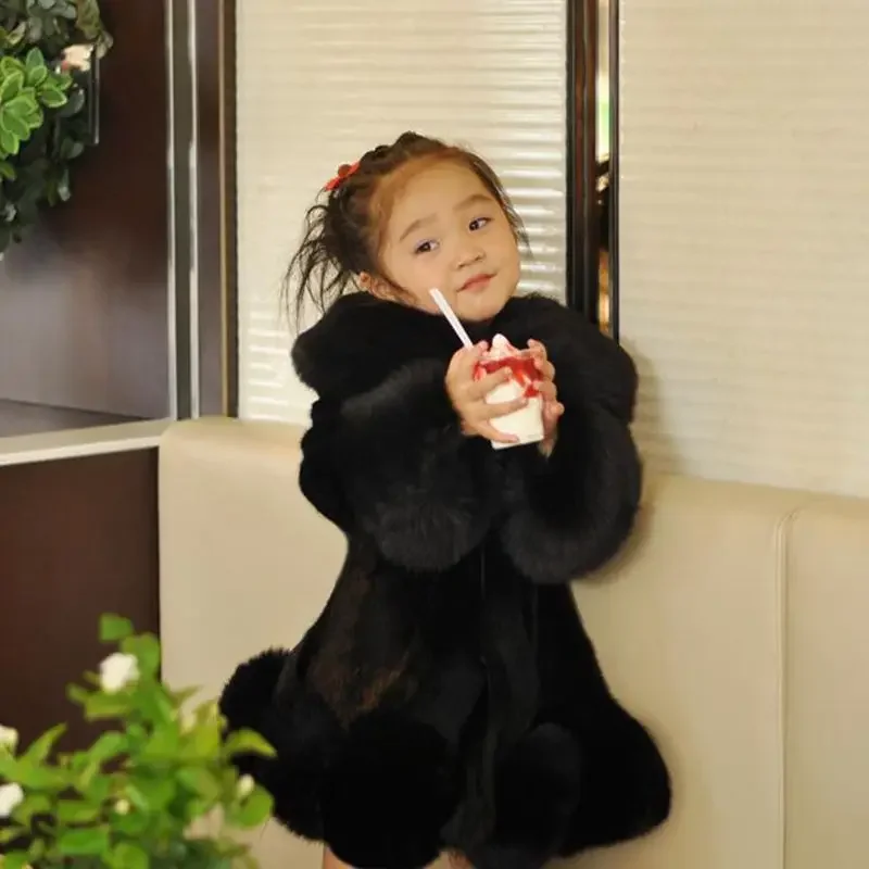 Zimowe ubrania dla dziewczynek 2023 New Kids Boutique coupen koreańska imitacja futra jesienna z futra lisa bawełniana ciepła duża futrzana obroża
