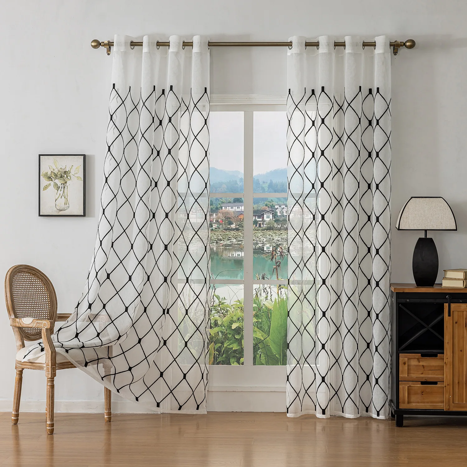 Black Geometric Diamond Embroidered Sheer Curtain Modern Minimalist Window Sheers for Living Room, Bedroom, Home Decor