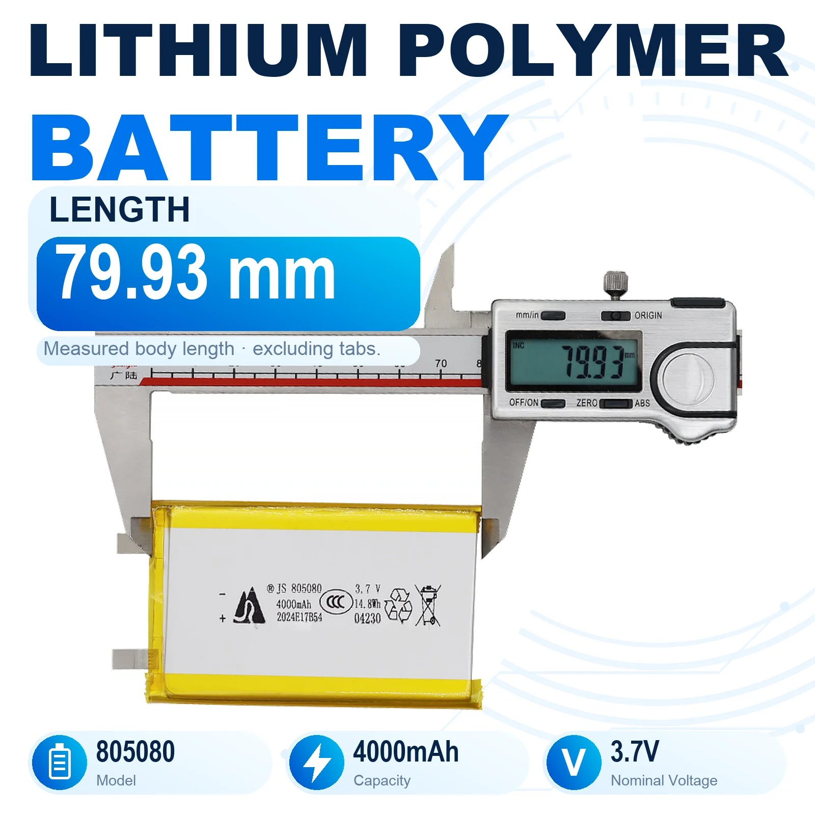 JS 805080 3.7V 4000mAh Rechargeable LiPo Battery Lithium Polymer Pouch Cell with Flat Metal Tabs