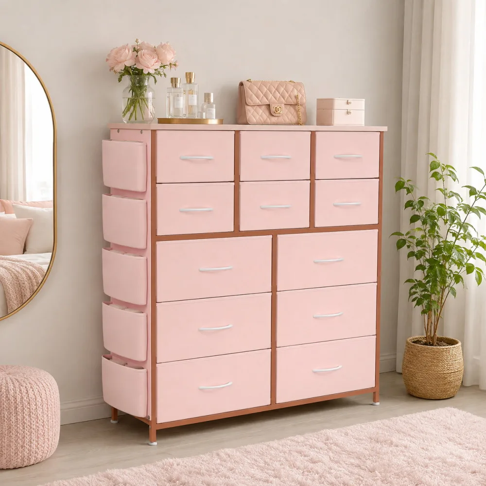 12 Drawer Fabric Dresser with Wood Top, Storage Chest Cabinet with Steel Frame and Side Pockets for Bedroom Home Organization image 7