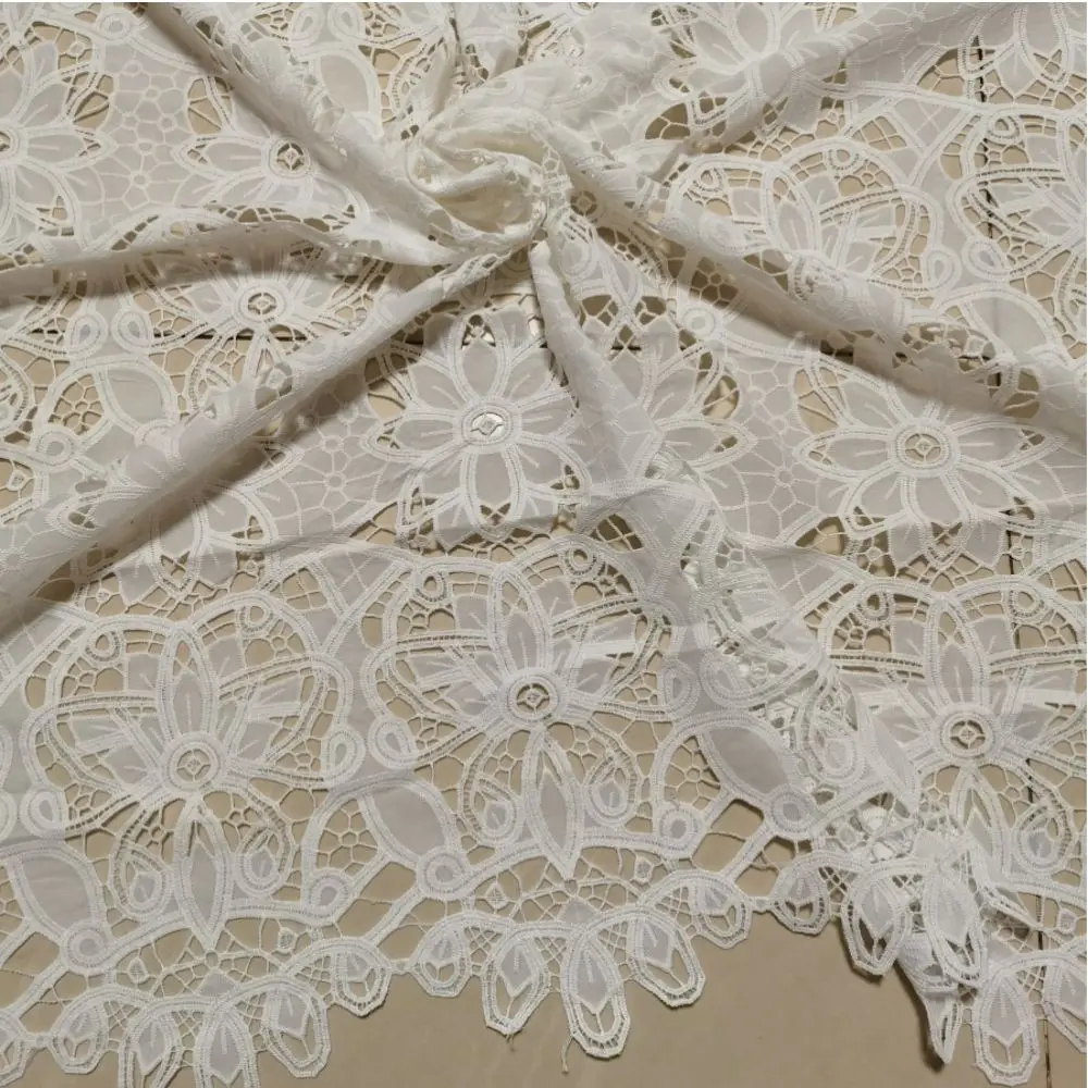 Chiffon laser cutting mbroidery lace fabric eyelect hole embroideried clothing for woman dress apparel with Square geometric