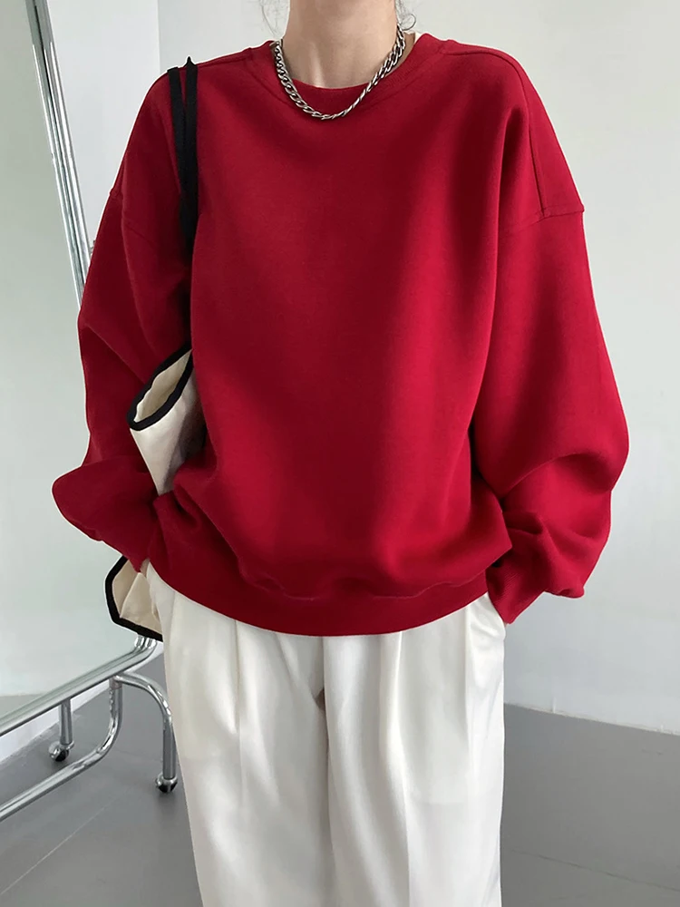 [EAM] Red Apricot Casual Plain Sweatshirt New Round Neck Long Sleeve Women Big Size Fashion Tide Spring Autumn 2023 1DH6655