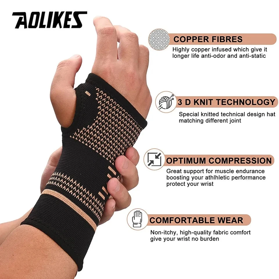 AOLIKES 1 Pcs Wrist Support Sleeves,Wrist Support Sleeves Copper Infused Injury Recovery Left Right Arthritis