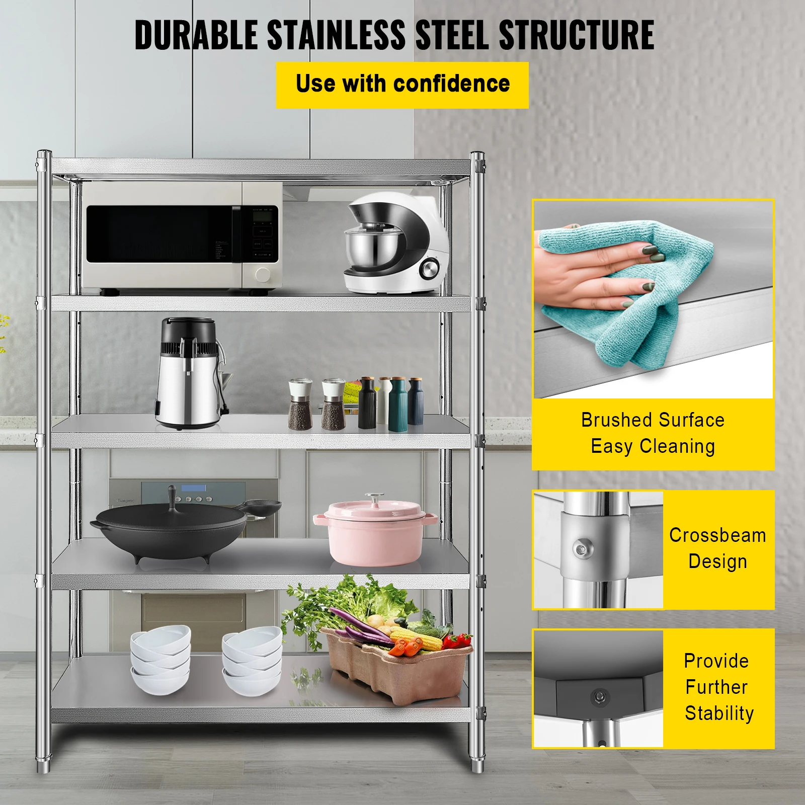SucceBuy Tier Stainless Steel Shelves Adjustable Shelf Storage Unit Stainless Steel Rack Shelving for Kitchen Commercial Use