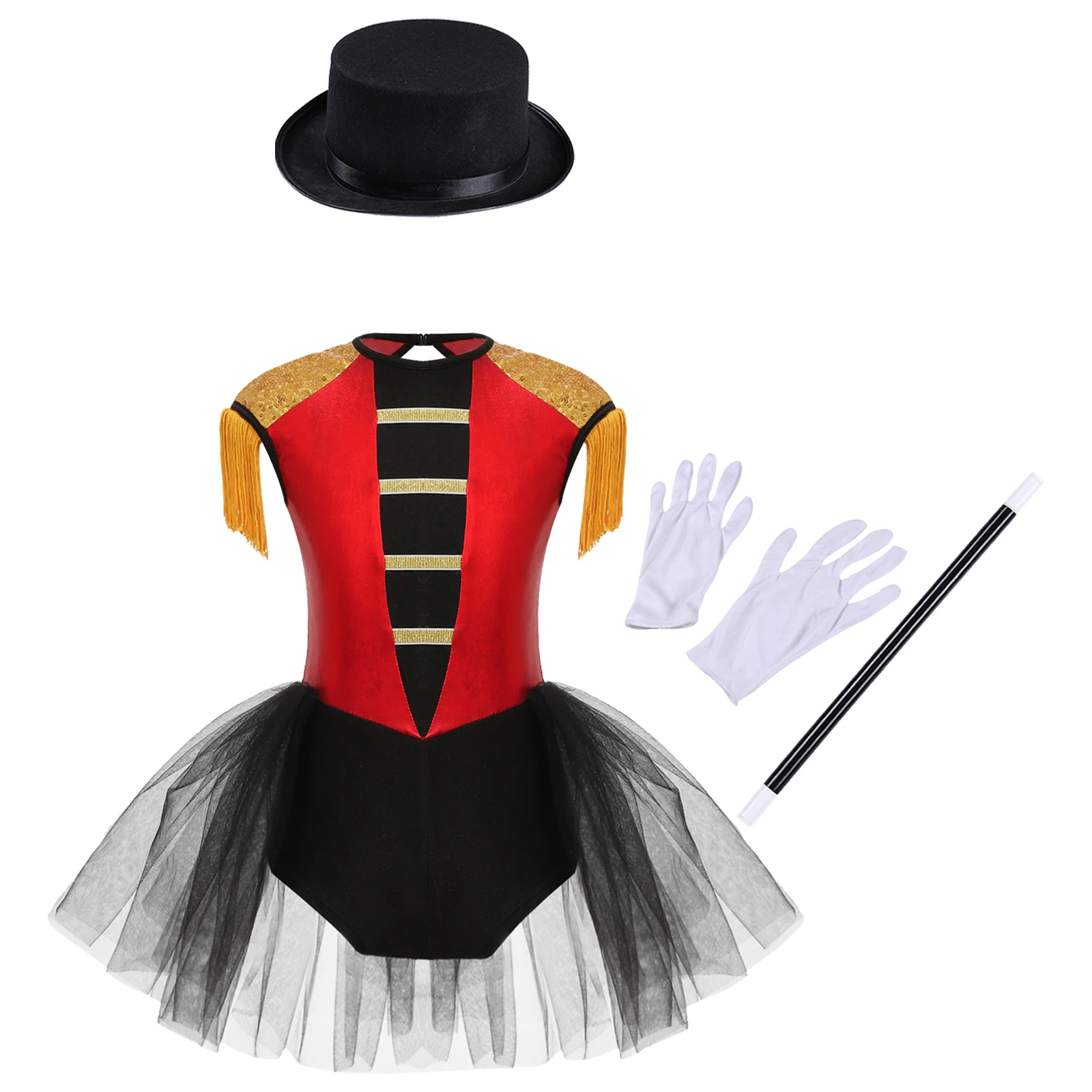 Kids Girls Ringmaster Circus Costume Set Sequin Shoulder Tassel Bodysuit Dress and Hat Magic Wand Gloves for Halloween Dress Up