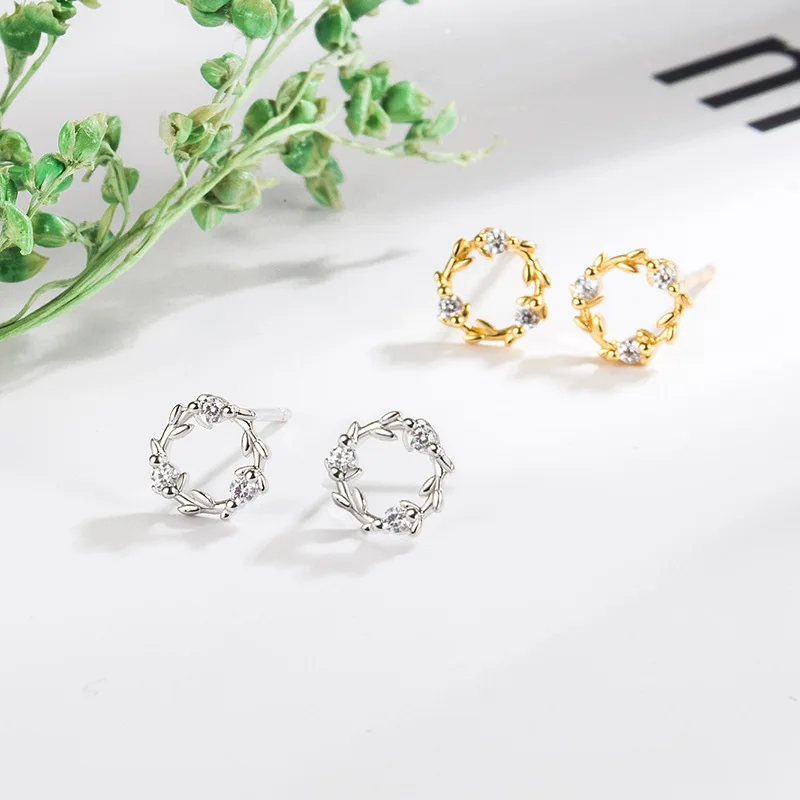 925 Silver needle simple wreath earrings Gilded jewelry crystal Stud earrings for women