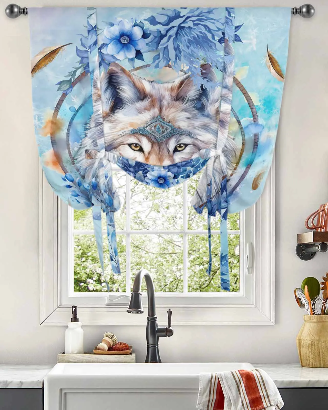 Watercolor Wolf Flower Feather Window Curtains Tie Up Curtains for Kitchen Living Room Adjustable Rod Pocket Valances