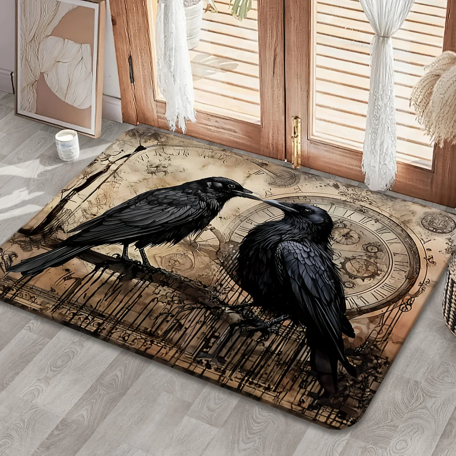 Gothic Black Ravens Steampunk Clock Non Slip Soft Area Rug Washable Indoor Floor Mat Dark Academia Witchy Home Decor