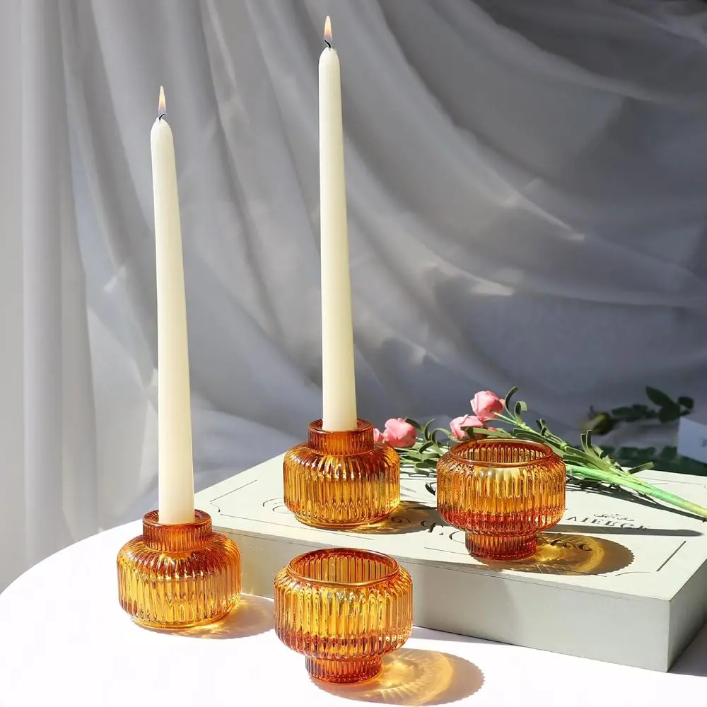 Candlestick Holders Set of 4, Amber Votive Candle Holders for Wedding Table Centerpiece, Ribbed Glass Taper Candle Holders for D