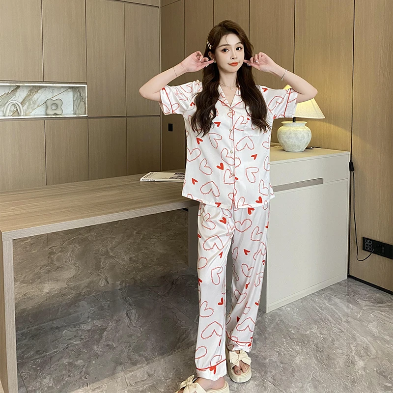 

New Comfortable Pajamas Set For Women Home Clothes Thin Sliky Material Design Nightwear With Pants Two Piece Suit Loungewear