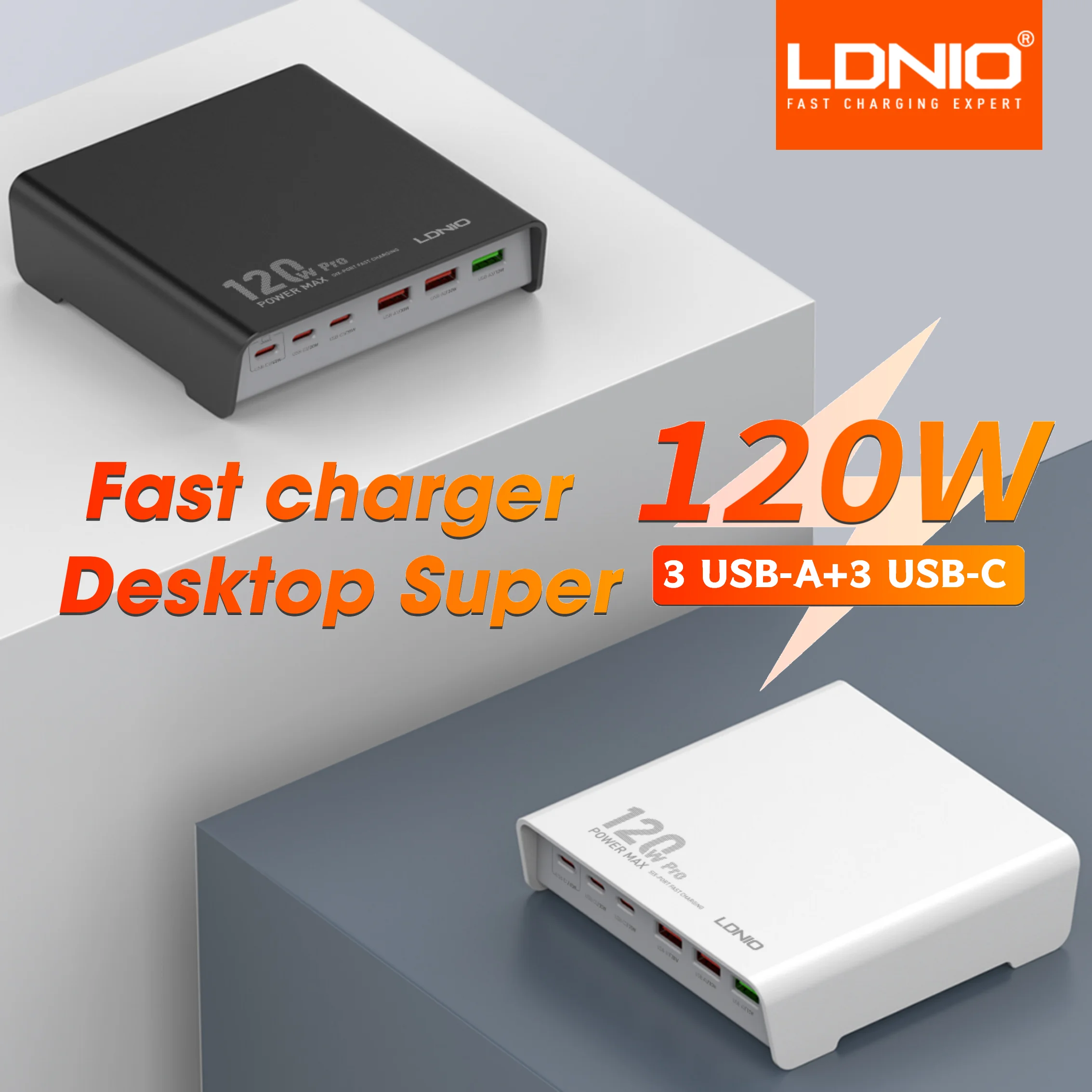 LDNIO 120W GaN 6 Port Type USB C Charging Station Hub Block  Desktop Charger Power Strip Adapter 3 USB C 3 USB A  High Power