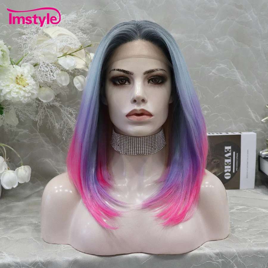 Imstyle-Perruque Lace Front Synthétique Lisse et Colorée, Postiche de Cosplay en Fibre, Bleu Pueple Rose Ombré, Degré de Chaleur