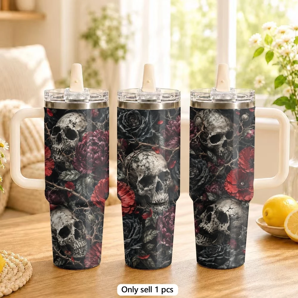 Cool Rose Skull Vacuum Flasks 40oz Vacuum Insulated Travel Mug with Straw & Handle | Stainless Steel Leakproof Tumbler