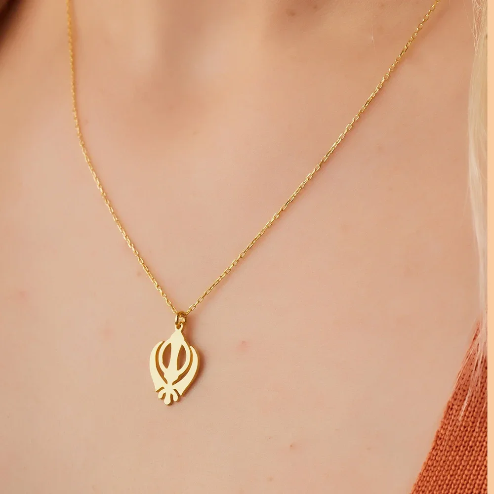 Classic Sikhism Symbol Necklaces Stainless Steel Indian Religious Amulet Khanda Faith Gift Sikh Khanda Pendant Jewelry for Women