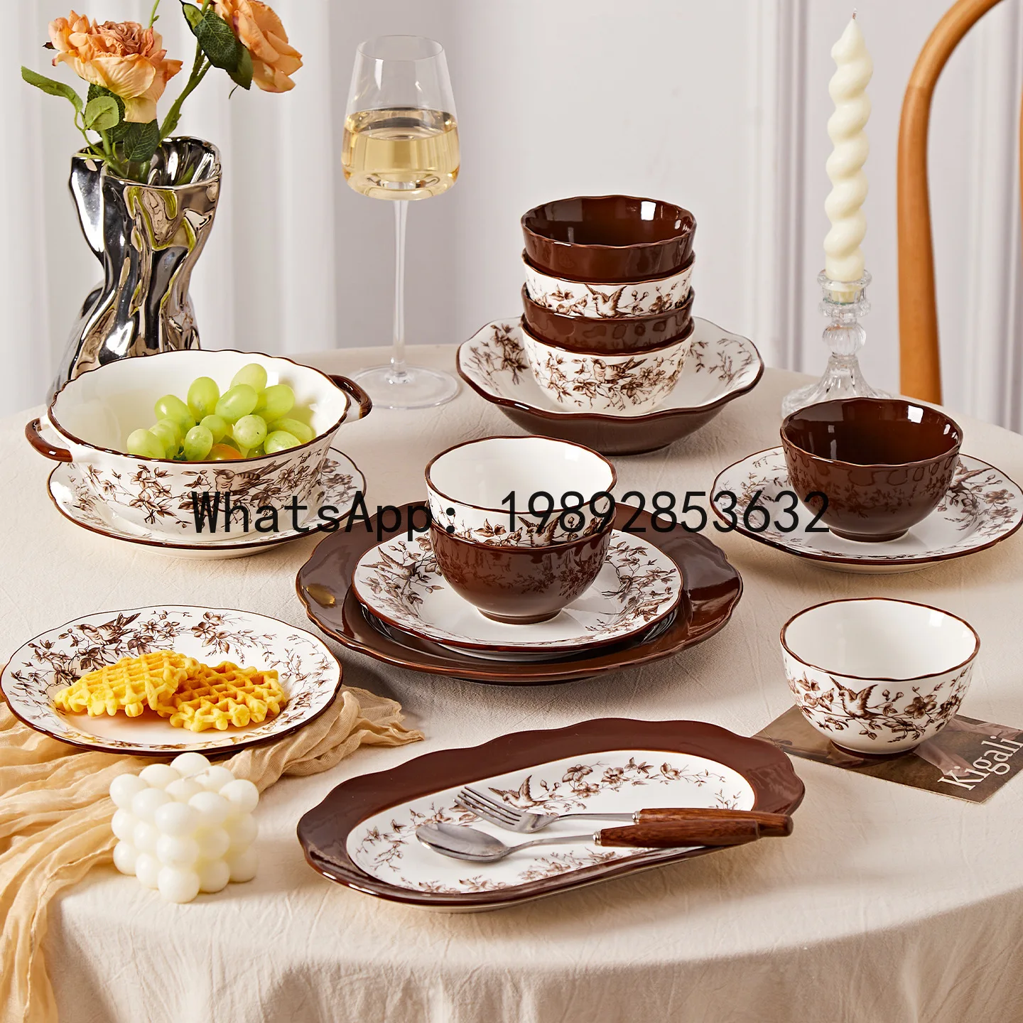 Rose-themed dinnerware set - non-slip, light luxury ceramic bowls - perfect for housewarming, weddings, and engagements