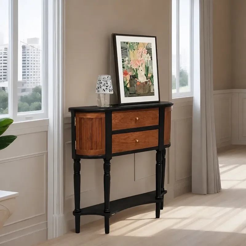 Retro Solid Wood Porch Cabinet Small Apartment Wall Mounted Foyer Side Cabinet American Light Luxury Vintage Style Entryway