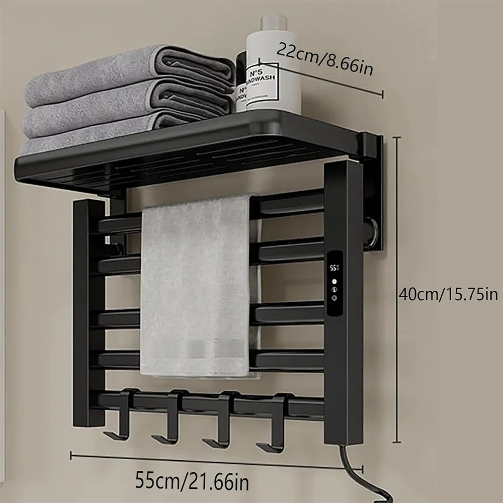 Toallero eléctrico con calefacción para baño, color negro mate, con pantalla Digital, toalla seca termostática táctil, calentador de acero inoxidable 304