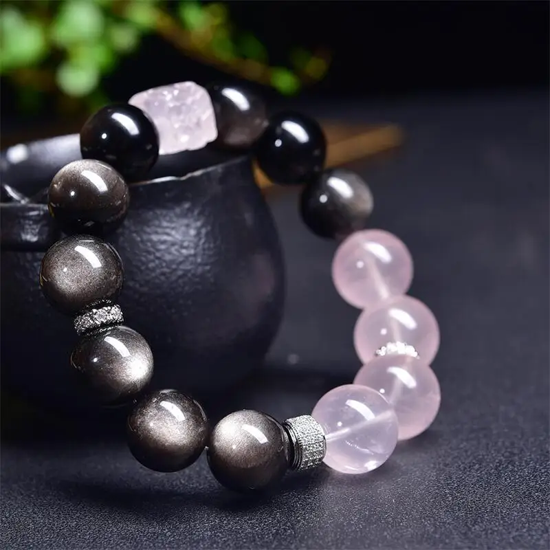 

14 мм натуральный серебряный обсидиан розовый кварц браслет из бисера ручной работы кристалл кварц ювелирные изделия стрейч детский подарок на день рождения 1 шт.