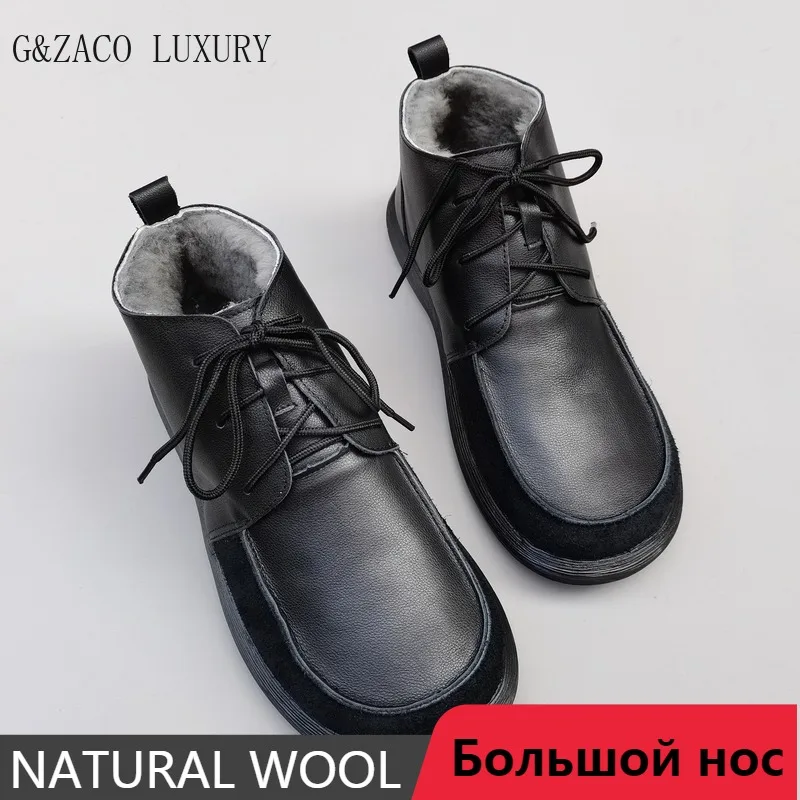 

Winter Boots Sheepskin Fur Women's Wide Toe Men's Shoes Genuine Leather Natural Wool High-top Non-slip size 43 Snow Short Boots