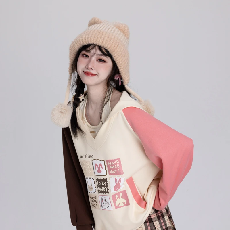 2024 New Autumn Winter Brown Sweet and Cute Versatile Foreign Style Plush Cat Ear Wool Hat For Female