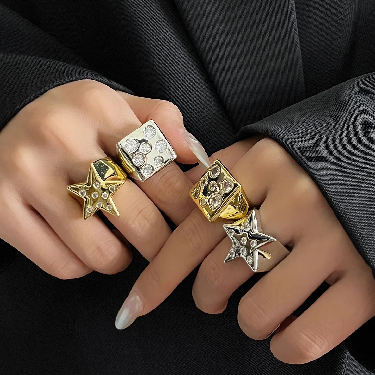 Luxury Elegant Square Five-Pointed Star Open Ring European American Niche Design Public Relations Jewelry