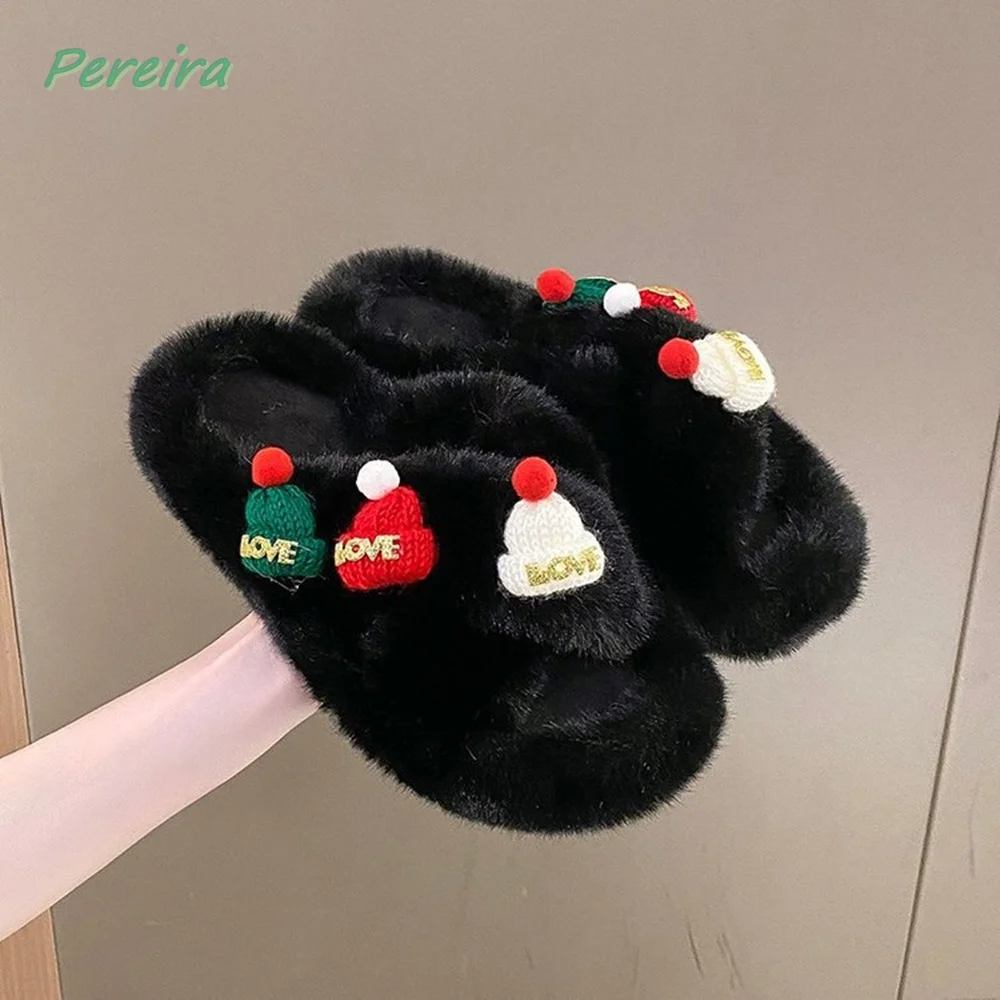 Furry Suede Cotton Slippers Autumn Women's New Arrival Santa Hat Slip-on Round Toe Fashion Confortable Simple Sequins Flat Shoes