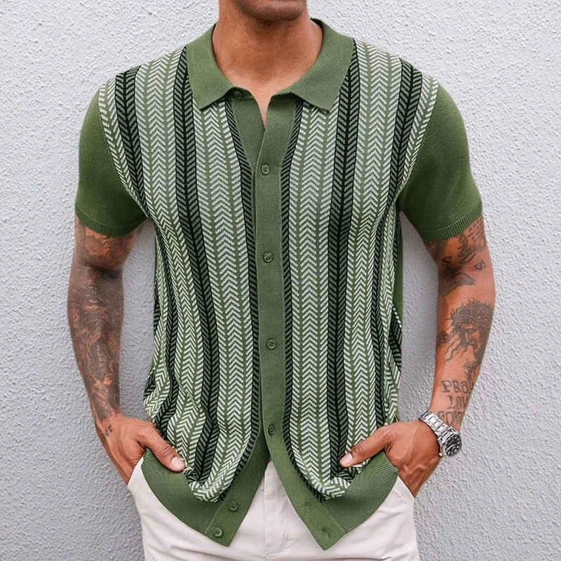 Plus Size Loose Knitted Polo Shirts Men Jacquard Striped Elastic Summer Quality Viscose Silky Breathable Lapel Camisas De Hombre