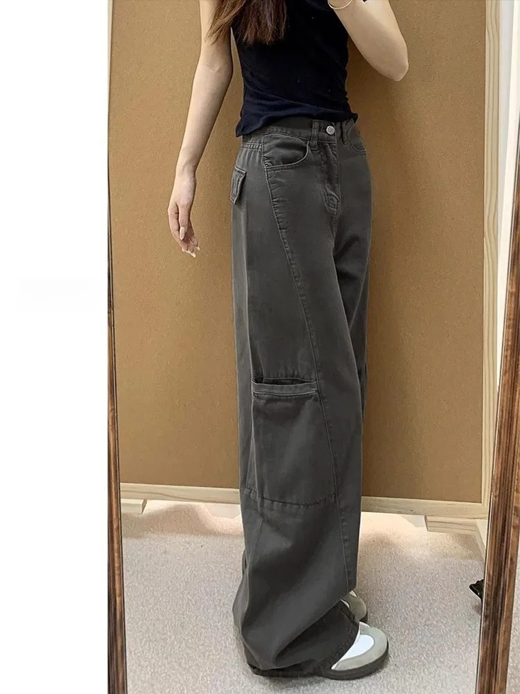 Ey perna larga denim calças de trabalho feminino solto drapeado cintura alta calças compridas para pêra aped plus size emagrecimento jeans retos